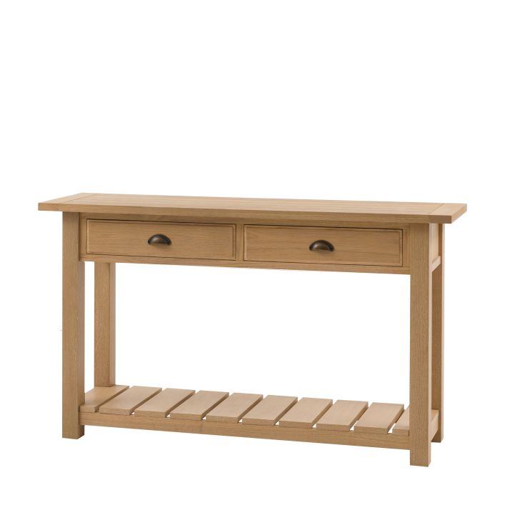 Gallery Direct Eton 2 Drawer Console Table in a Natural Oak effect wooden frame, with metal drawer handles and a lower shelf