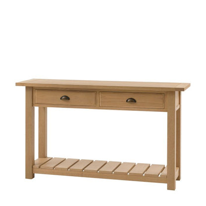 Gallery Direct Eton 2 Drawer Console Table in a Natural Oak effect wooden frame, with metal drawer handles and a lower shelf