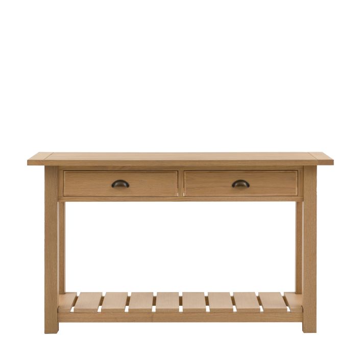 Gallery Direct Eton Console Table in Natural features 2 top drawers with metal pull handles, and a lower shelf