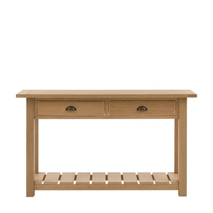 Gallery Direct Eton Console Table in Natural features 2 top drawers with metal pull handles, and a lower shelf