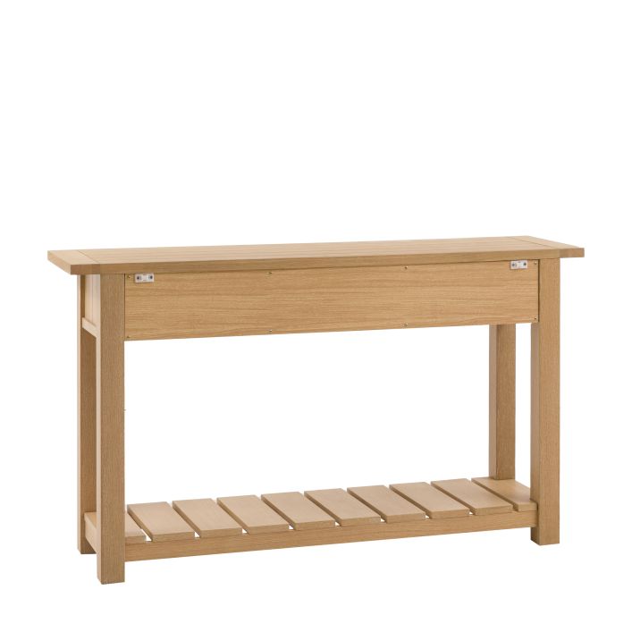 Gallery Direct Eton Console Table in Natural oak effect wood with lower planked shelf and grooved table top