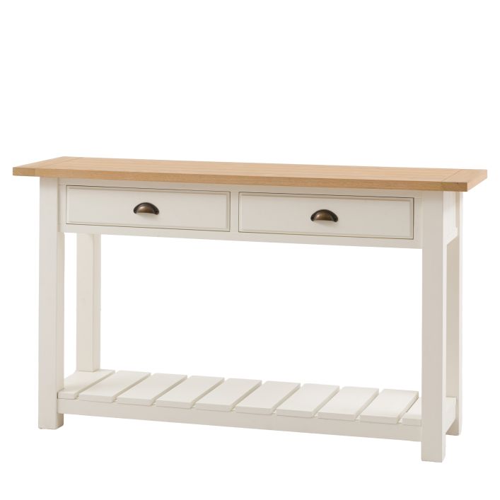Gallery Direct Eton 2 Drawer Console Table in White painted wood with an oak effect wood table top. 