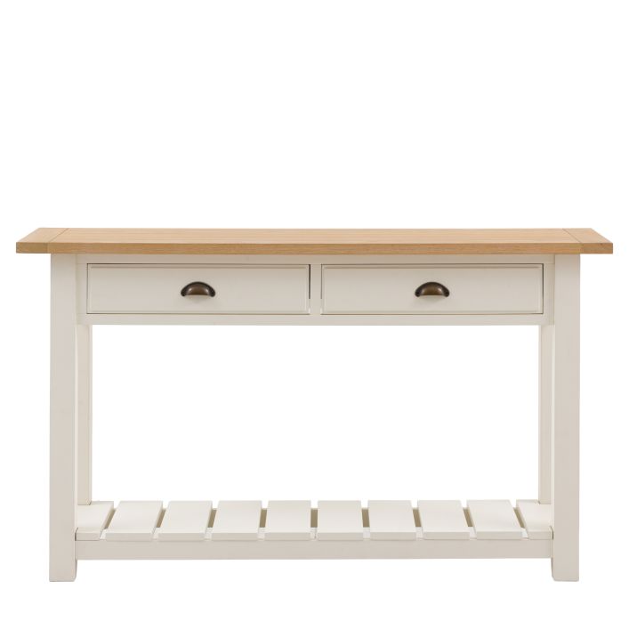 Gallery Direct Eton Console Table in a White painted wood frame with 2 top drawers and a lower planked shelf, and an oak effect wood table top