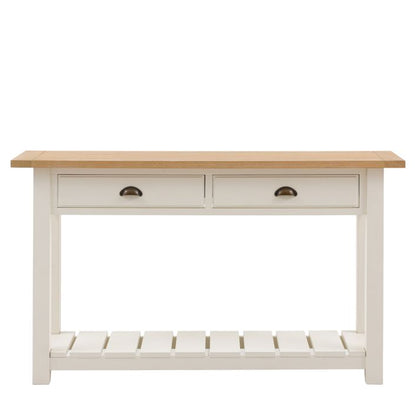 Gallery Direct Eton Console Table in a White painted wood frame with 2 top drawers and a lower planked shelf, and an oak effect wood table top
