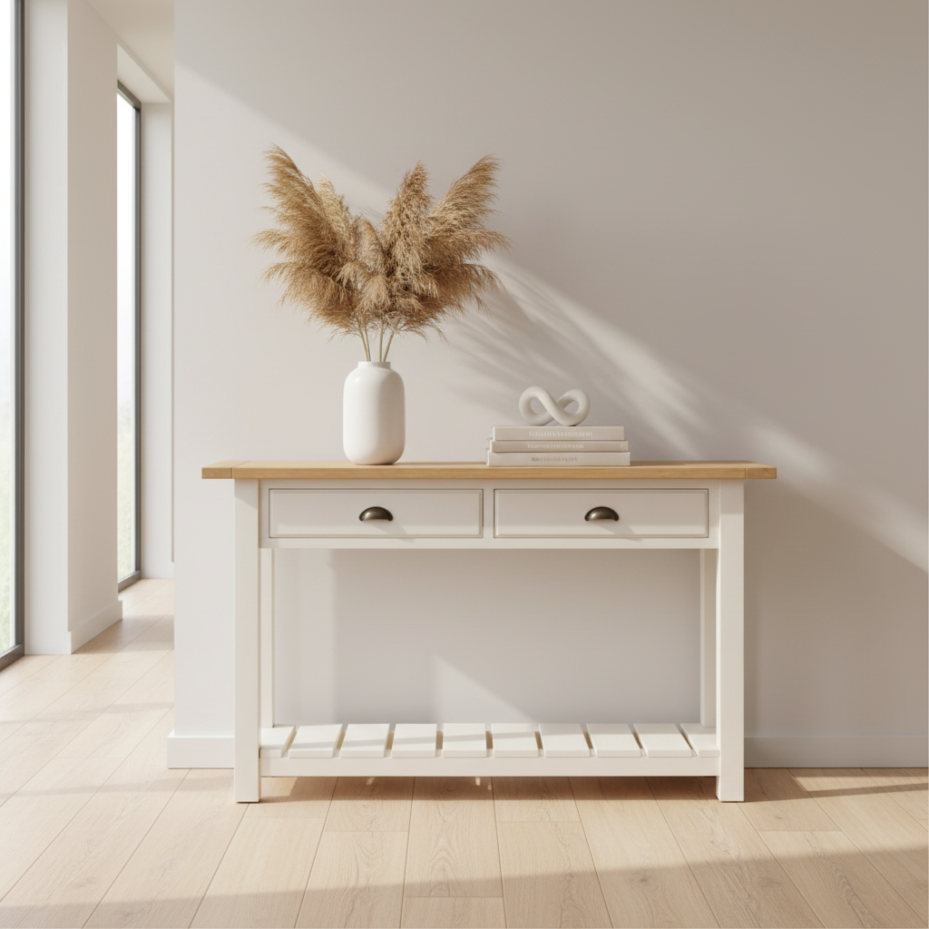The Gallery Direct Eton Console Table in White with a grooved oak table top is ideal for both modern and traditional homes, it features 2 top drawers with metal drawer pulls and a spacious lower shelf for storage and display purposes.