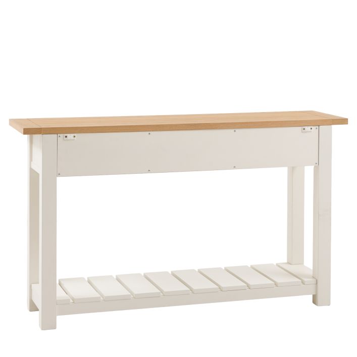 Gallery Direct Eton Console Table in a White painted wood frame with 2 drawers and a lower planked shelf, also features a natural oak effect table top
