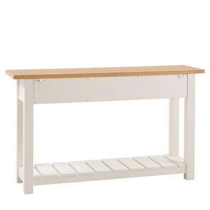Gallery Direct Eton Console Table in a White painted wood frame with 2 drawers and a lower planked shelf, also features a natural oak effect table top
