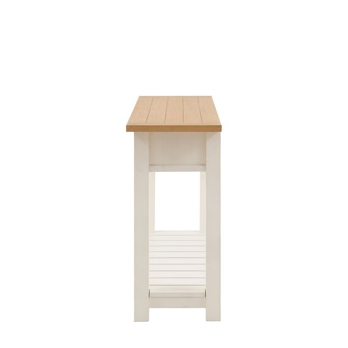 Gallery Direct Eton Console Table in a White painted wooden frame with 2 drawers and a lower shelf, and a natural oak effect table top with grooved detail