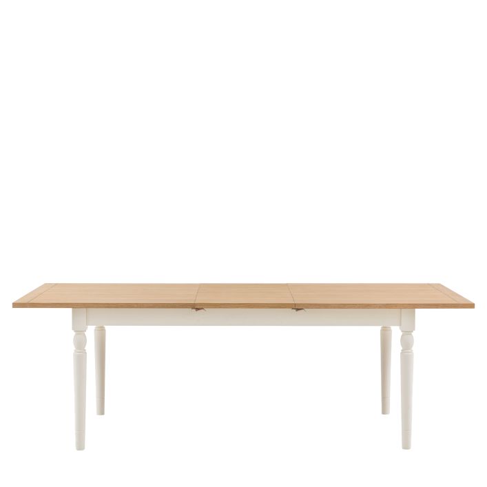 Gallery Direct Eton Extending Dining Table can seat up to 8 and features white painted wood legs and a natural finished table top