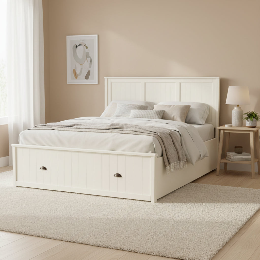 Gallery Direct Eton King Size Storage Bed in White features a painted wood frame, grooved and panelled headboard, and a footboard end storage drawer with grooved detail and metal pull handles