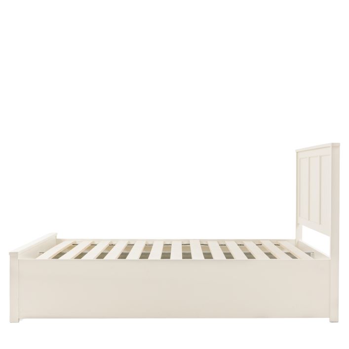 Gallery Direct Eton King Size Storage Bed in a White painted wood frame with a panelled headboard, wood slats and a footboard end storage drawer