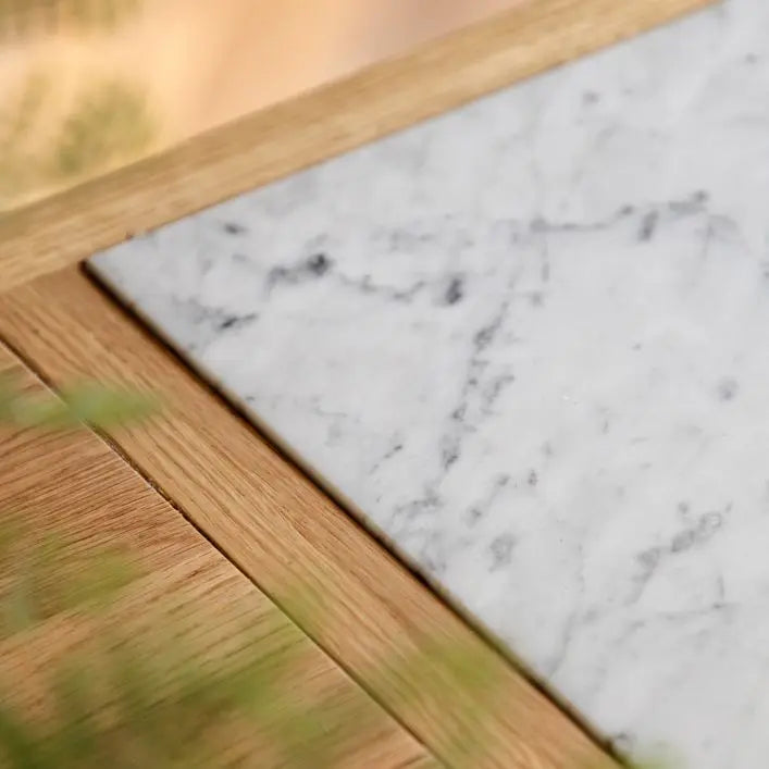 Gallery Direct Eton Kitchen Island in a Natural oak wood finish with a marble inlaid worktop piece