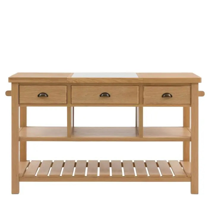 Gallery Direct Eton Kitchen Island features a piece of inlaid marble on the wooden worktop, 3 drawers with metal pull handles, 2 side hanging rails, 3 open shelves and a lower planked shelf, all in a natural oak wood finish