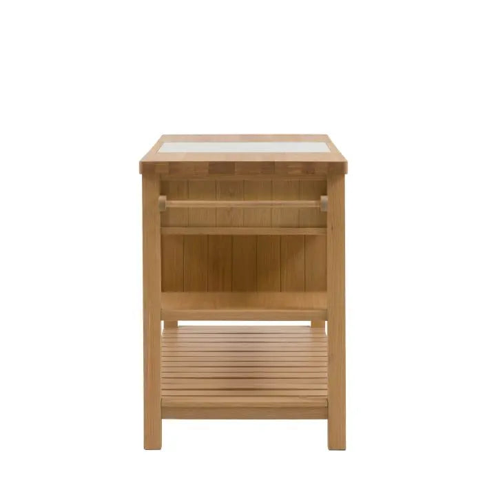 Gallery Direct Eton Kitchen Island in Natural features side hanging rails, and lower shelving space