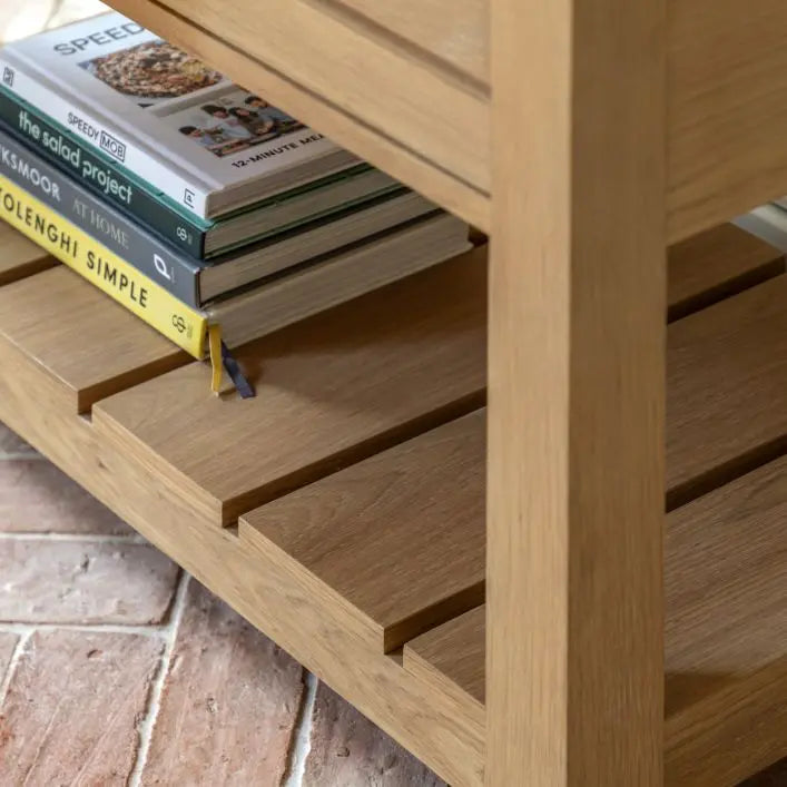 Gallery Direct Eton Larder Cupboard in Natural oak wood finish with a planked lower shelf