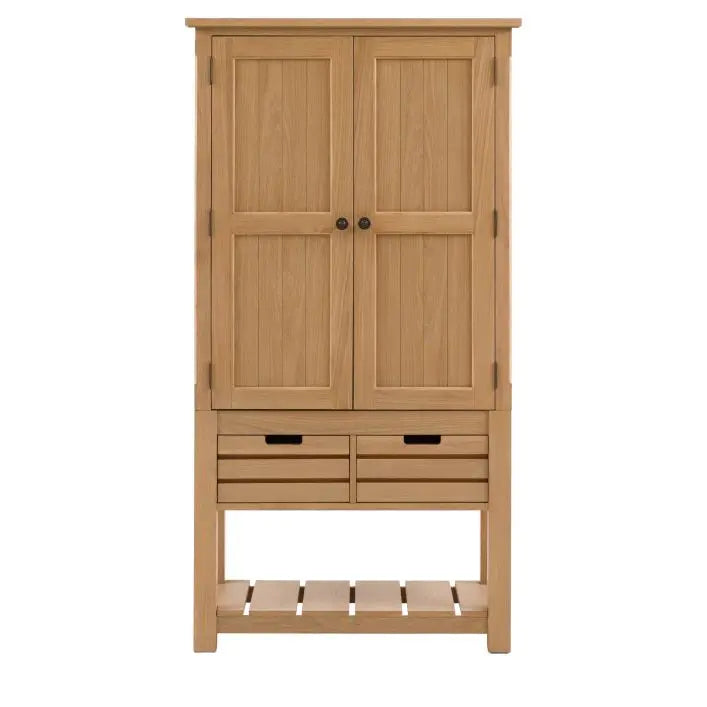 Gallery Direct Eton Larder Cupboard features 2 grooved panel doors with metal handles, 2 storage drawers and a lower planked shelf in a Natural oak wood finish
