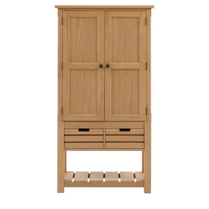Gallery Direct Eton Larder Cupboard features 2 grooved panel doors with metal handles, 2 storage drawers and a lower planked shelf in a Natural oak wood finish