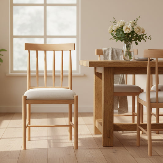 Gallery Direct Eton Pair of Upholstered Dining Chairs in a light Natural oak wood with a padded fabric seat cushion