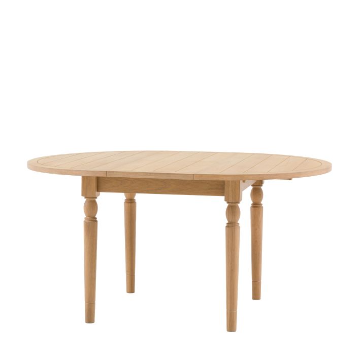 Gallery Direct Eton Round Extending Dining Table in Natural oak wood and veneers with a grooved table top and removable extension leaf, can seat 4-6 people