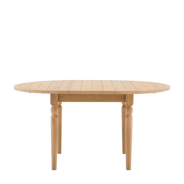 Gallery Direct Eton Round Extending Dining Table in Natural with grooved table top and turned legs in oak wood and veneers, can seat 4-6 people