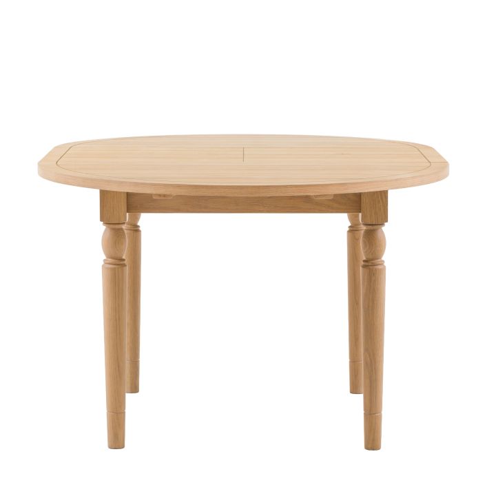 Gallery Direct Eton Round Extending Dining Table in Natural oak wood and veneers with a grooved table top and removable centre leaf extension system