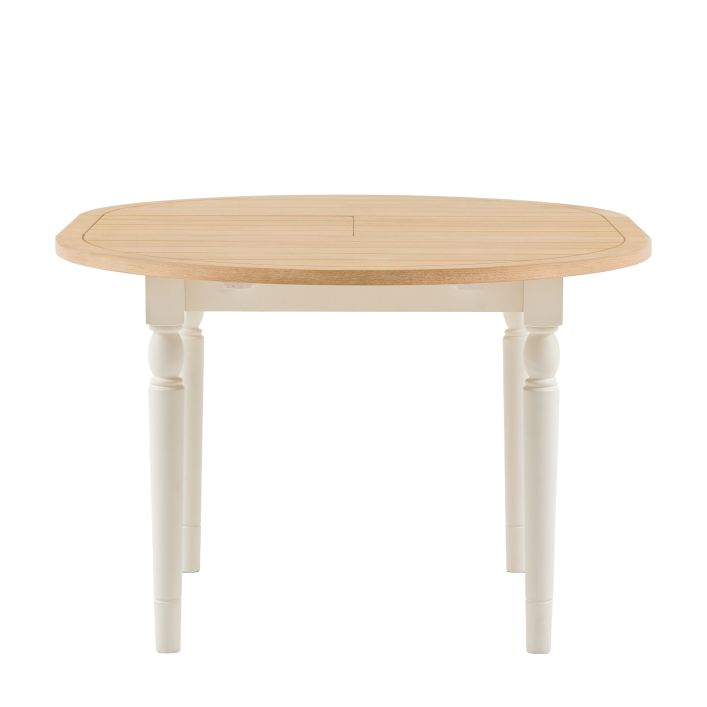 Gallery Direct Eton Round Extending Dining Table with white turned wooden legs and a oak wood and veneer finish table top that extends to seat 4-6 people 