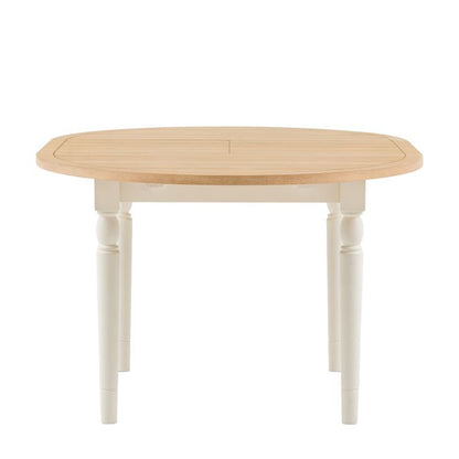 Gallery Direct Eton Round Extending Dining Table with white turned wooden legs and a oak wood and veneer finish table top that extends to seat 4-6 people 