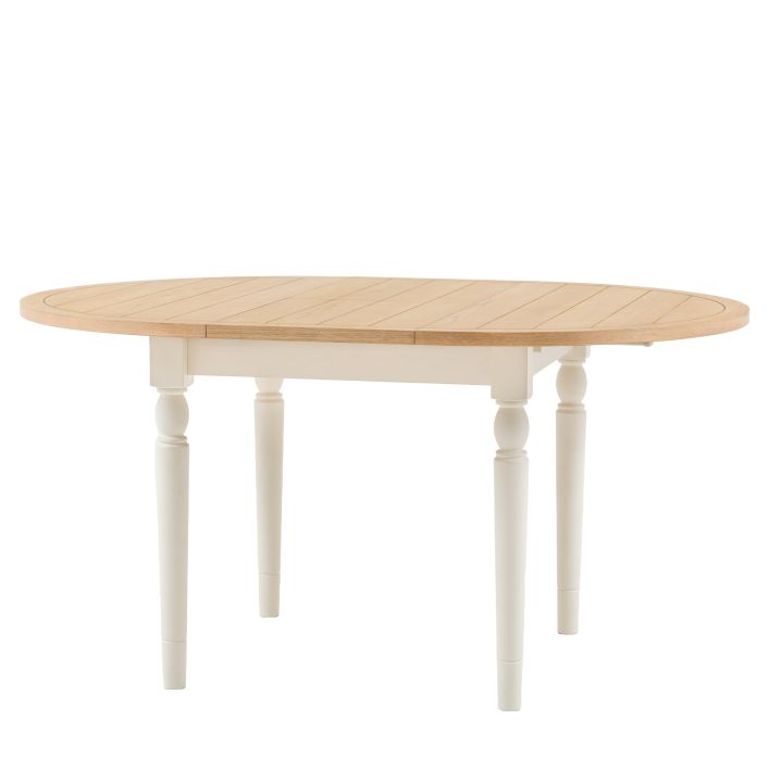 Gallery Direct Eton Round Extending Dining Table with oak wood and veneer grooved and planked table top, and White painted wood turned legs