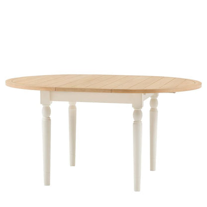 Gallery Direct Eton Round Extending Dining Table with oak wood and veneer grooved and planked table top, and White painted wood turned legs