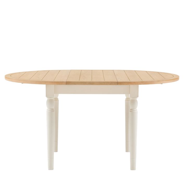 Gallery Direct Eton Round Extending Dining Table that can seat 4-6 people with a grooved oak wood and veneer table top and white painted wood legs