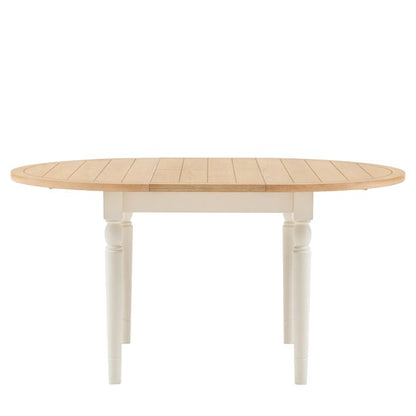 Gallery Direct Eton Round Extending Dining Table that can seat 4-6 people with a grooved oak wood and veneer table top and white painted wood legs
