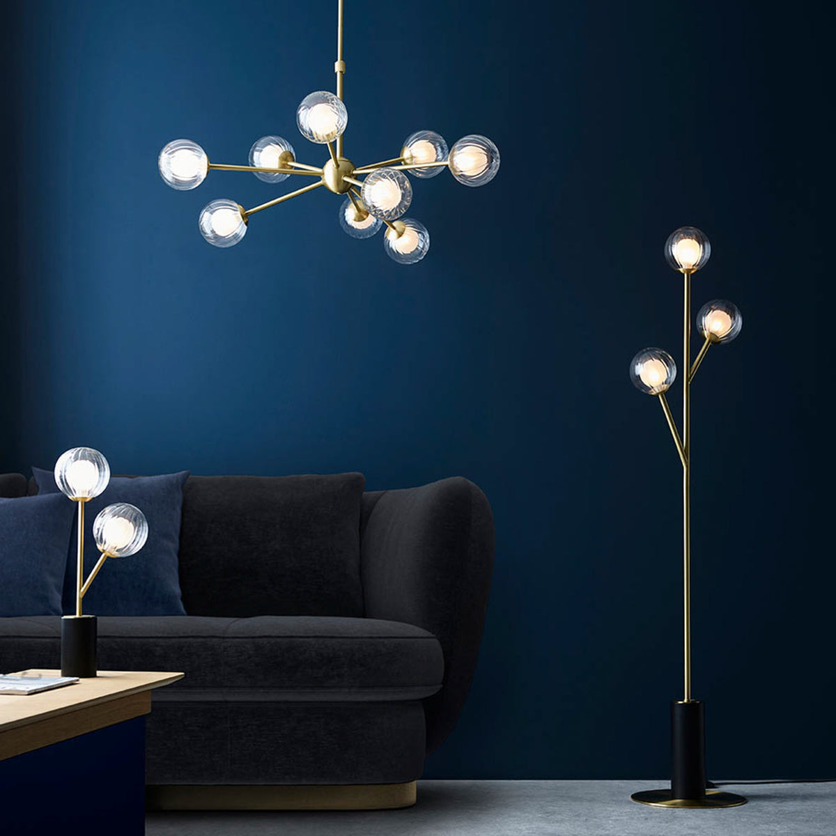 Gallery Direct Ewelme 9 Pendant Light Satin Brass, styled in a room setting