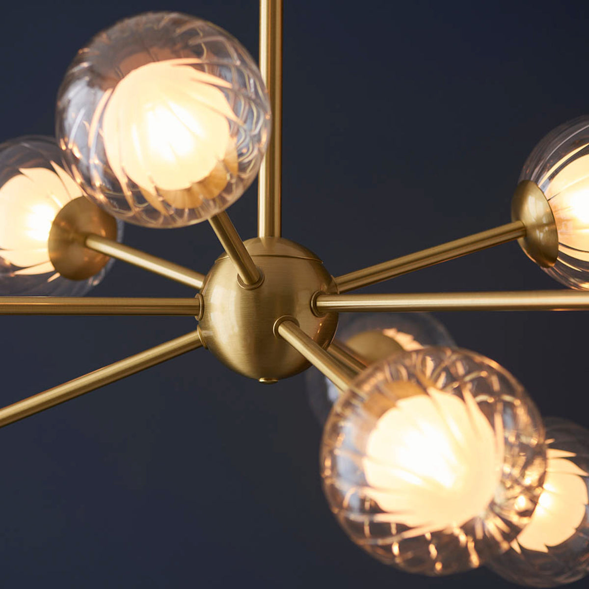 Gallery Direct Ewelme 9 Pendant Light Satin Brass, close-up of the finish and design