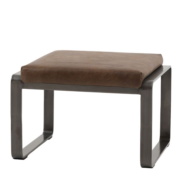 Gallery Direct Fabien Footstool upholstered in Brown Leather with dark metal frame and legs