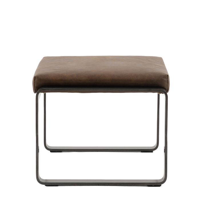 Gallery Direct Fabien Footstool with a Brown Leather upholstered cushioned top and dark metal legs