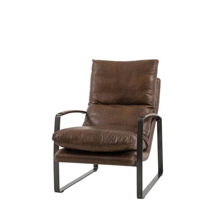 Gallery Direct Fabien Lounger Chair upholstered in a padded Brown Leather with a sleek dark metal frame