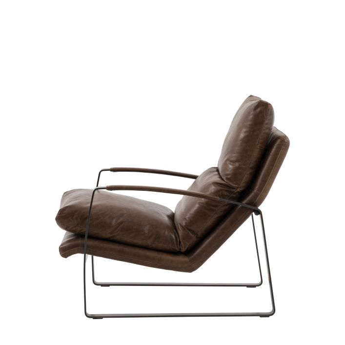 Gallery Direct Fabien Lounger Chair in Brown Leather with a modern metal curved frame