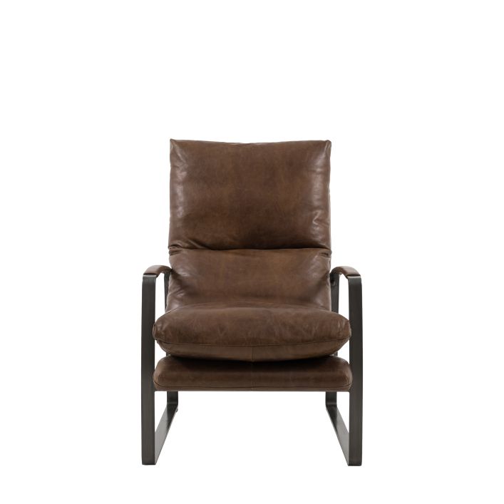The Gallery Direct Fabien Lounger Chair is upholstered in a padded Brown Leather and has a dark metal curved frame