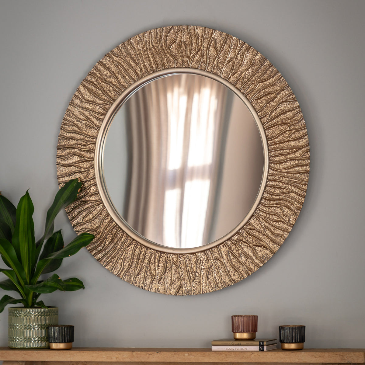 Gallery Direct Falia Round Mirror Gold displayed in a styled interior