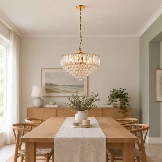 Gallery Direct Fargo 6 Pendant Light Brass installed in a softly lit room