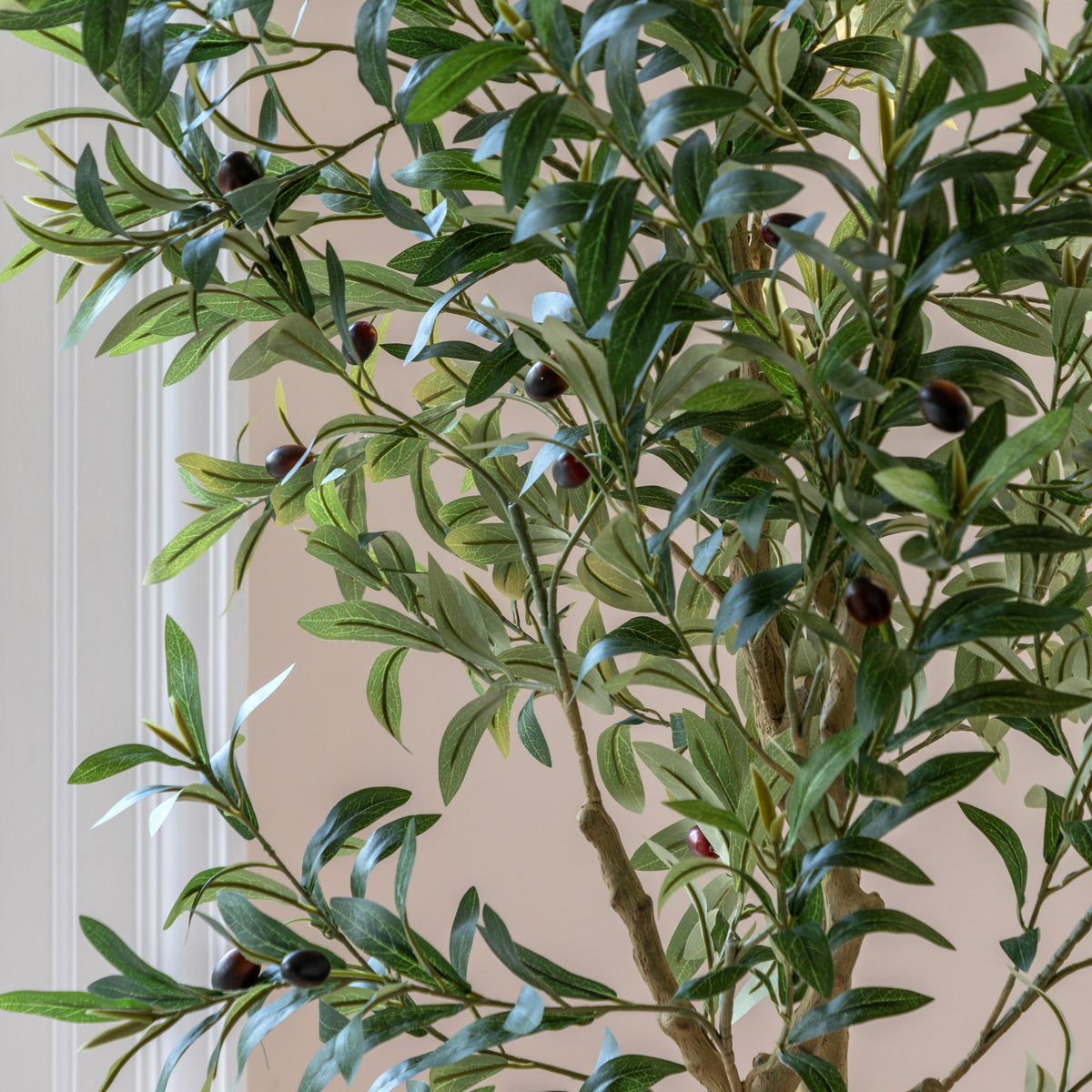 Gallery Direct Faux Olive Tree in White Pot Green, close-up showing its finish and detail