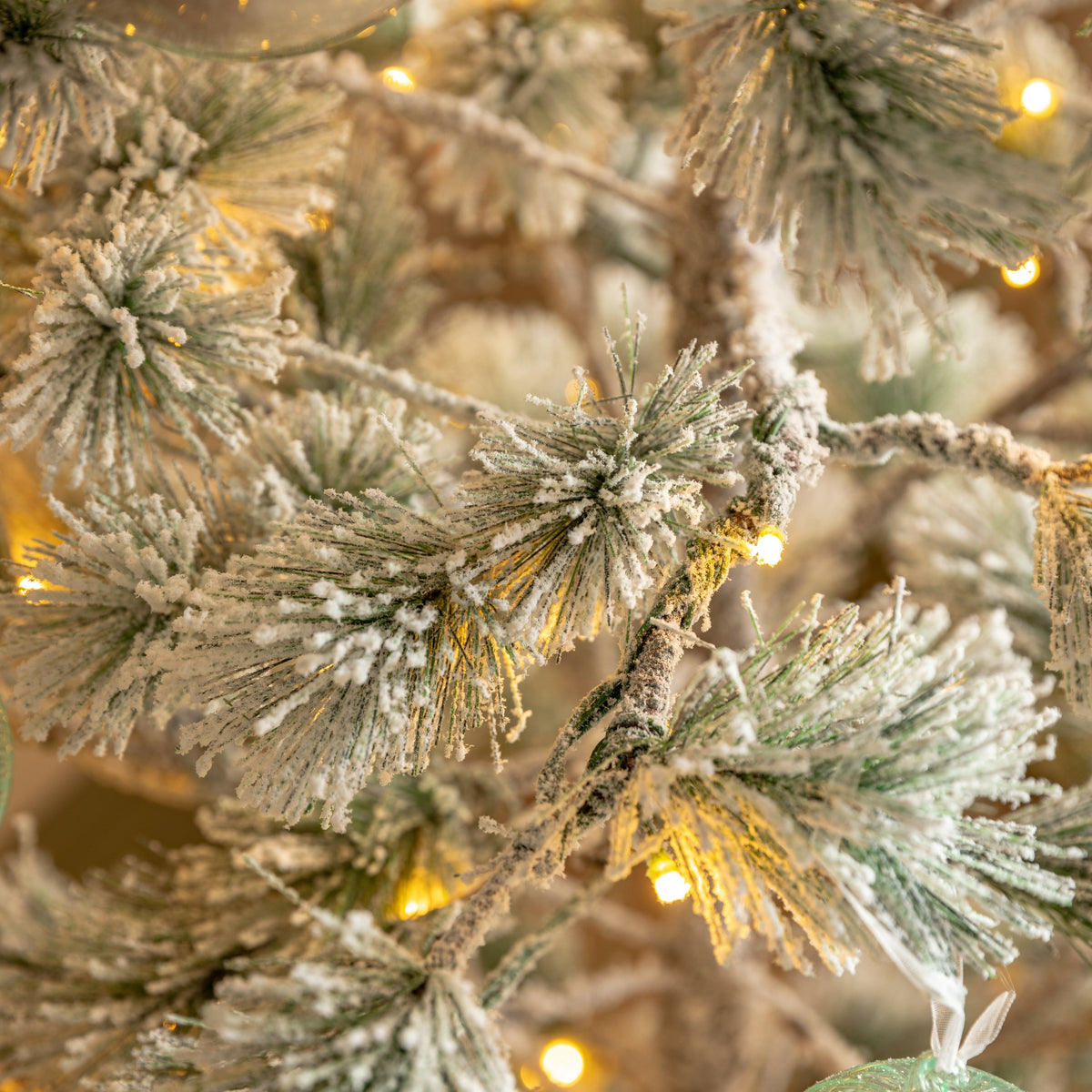 Gallery Direct Flocked Pine LED M Christmas Tree Green and White Large, close-up showing its finish and detail