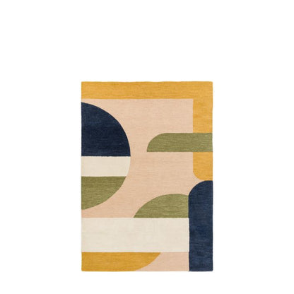 Gallery Direct Fulton Geo Wool Small Rug measuring 1600x2300mm made from a mix of wool and polyester fibres to create a soft tactile pile, in a geometric palette of green, blue, yellow, beige and cream colours.