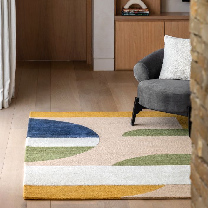Gallery Direct Fulton Geo Wool Rug 1600x2300mm, with a palette of blue, green, yellow and neutral colours, haft tufted to create a soft, premium feel underfoot