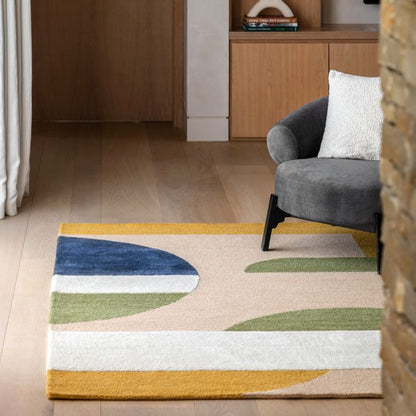 Gallery Direct Fulton Geo Wool Rug 1600x2300mm, with a palette of blue, green, yellow and neutral colours, haft tufted to create a soft, premium feel underfoot