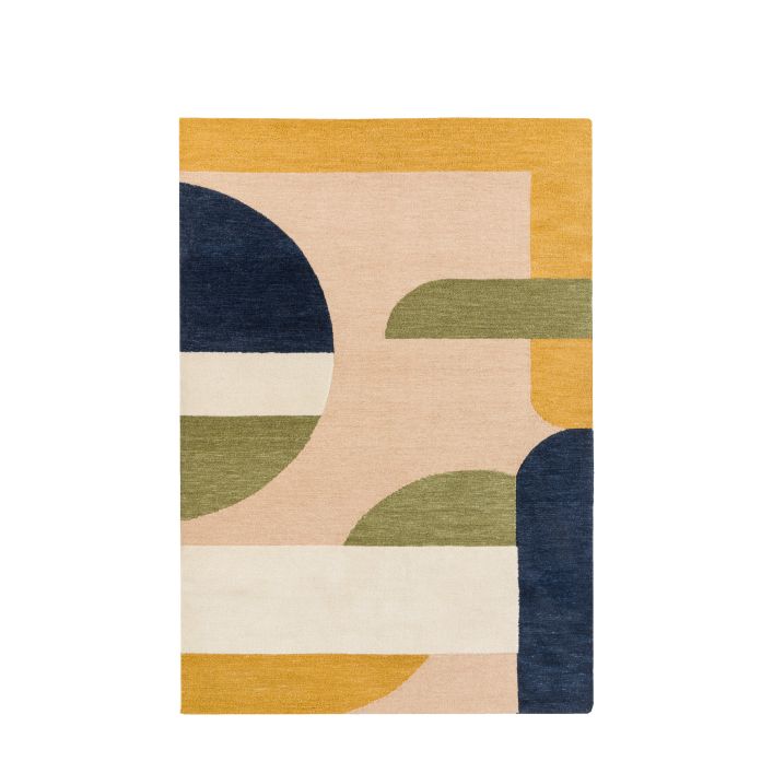 Gallery Direct Fulton Geo Large Wool Rug measures 2000x2900mm and features a colour palette of green, blue, yellow and neutrals in a modern geometric pattern