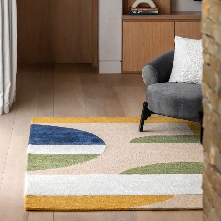 Gallery Direct Fulton Geo Wool Rug measures 2000x2900mm and features a colourful geometric design, hand tufted from a wool and polyester mix for a soft, tactile feel underfoot