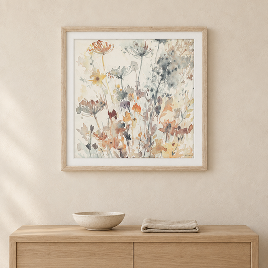 Gallery Direct Garden Notes Framed Canvas on a warm neutral wall above a natural oak console