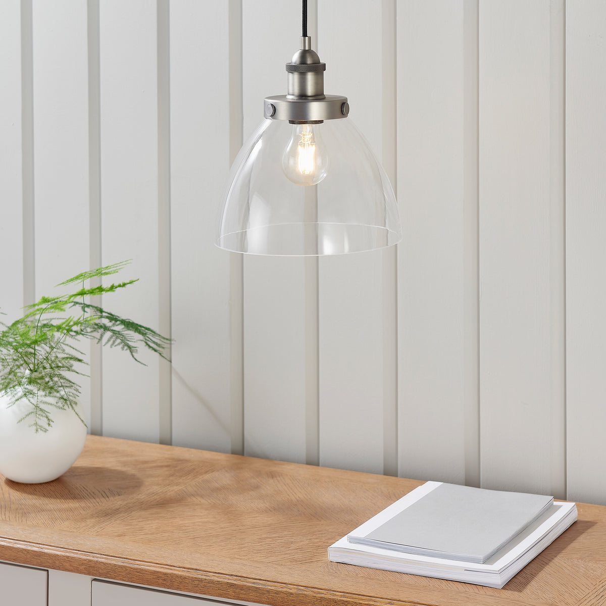 Gallery Direct Hansen 1 Pendant Light Brushed Silver, styled in a room setting