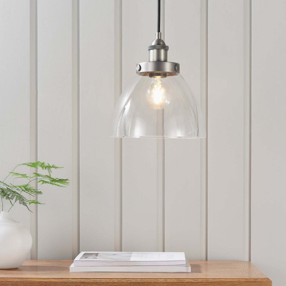 Gallery Direct Hansen 1 Pendant Light Brushed Silver, styled in a room setting